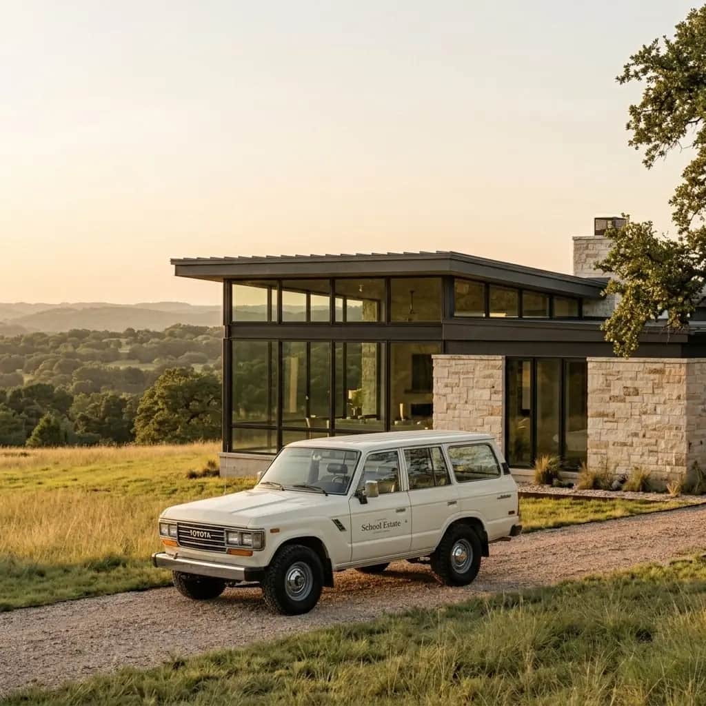 A School Estate branded Land Cruiser parked in front of a modern Texas Hill Country home at golden hour