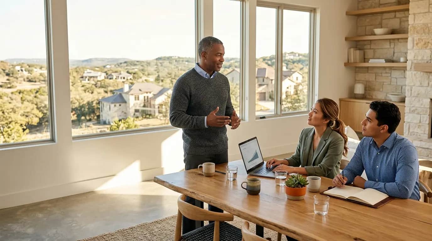 An established Texas broker leading a small team meeting in a bright modern office