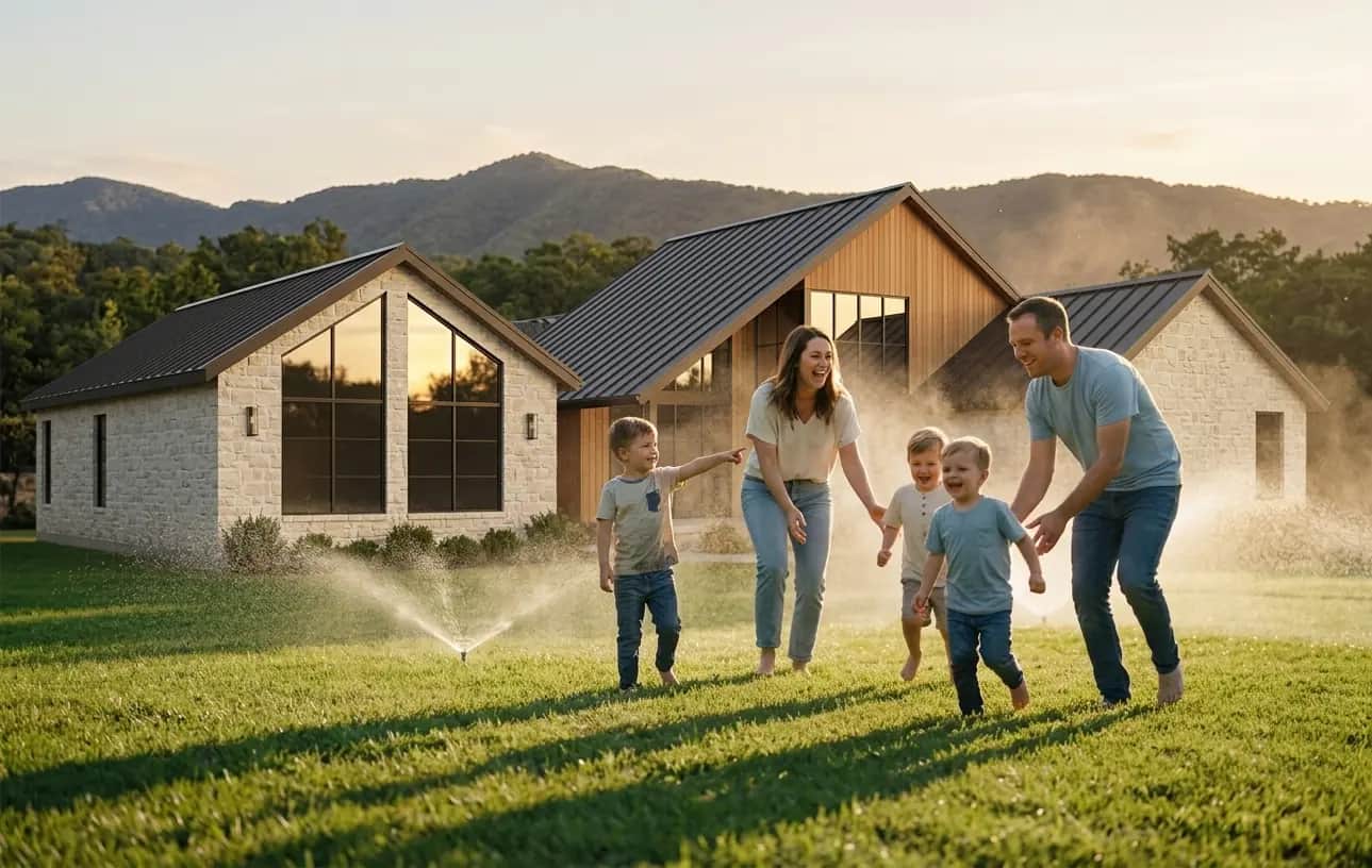A family enjoying the morning together in the front yard of their home