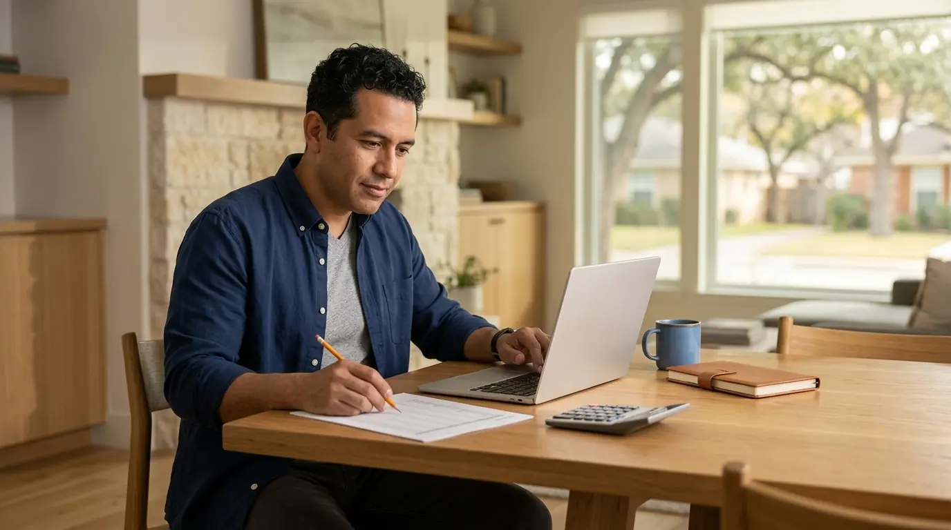 A future Texas real estate student reviewing licensing costs with a calculator, notebook, and laptop at a home dining table, a residential street visible through the window