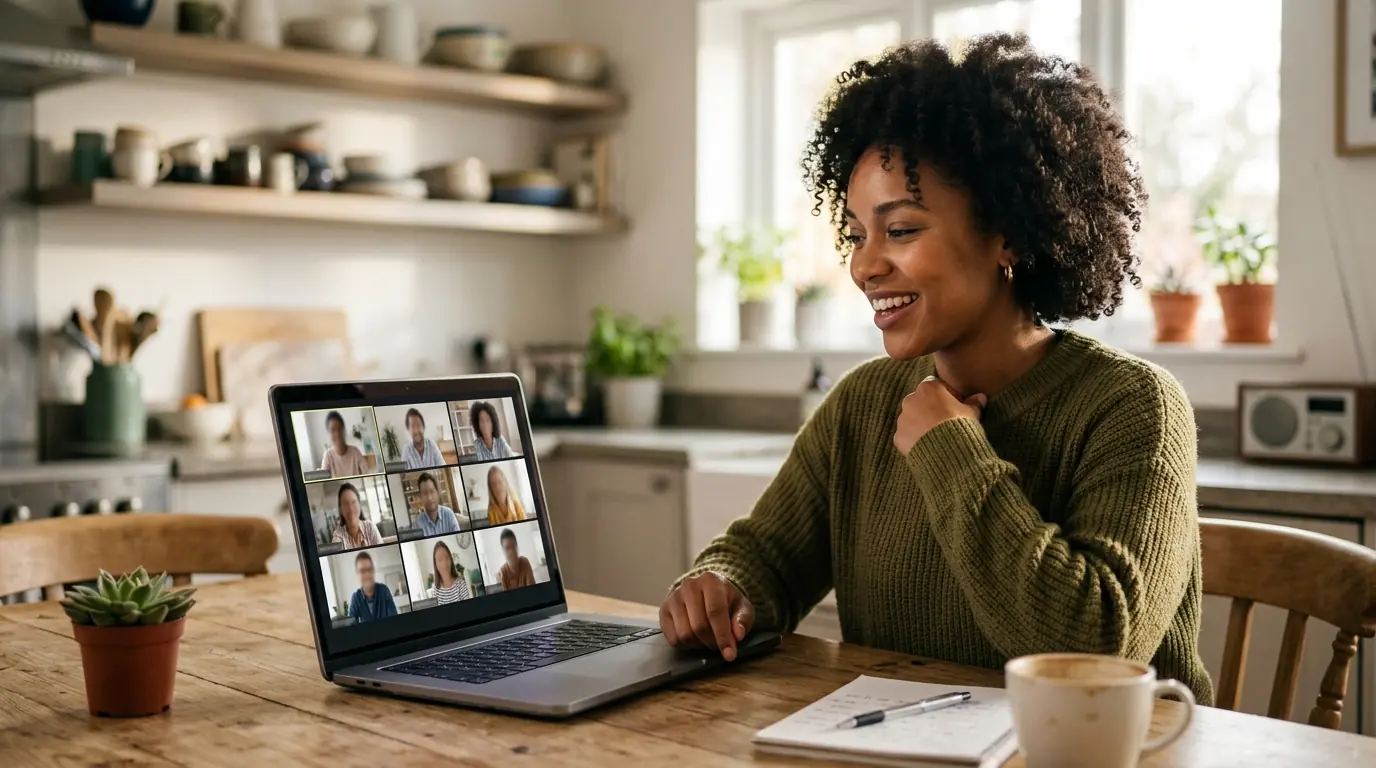 A student smiling at a laptop during a live video study group, coffee and notebook on the kitchen table nearby