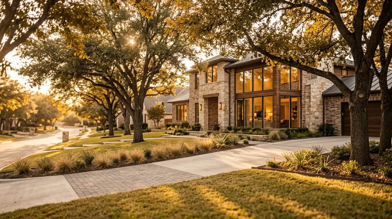 Warm evening light over a Dallas-area Texas neighborhood