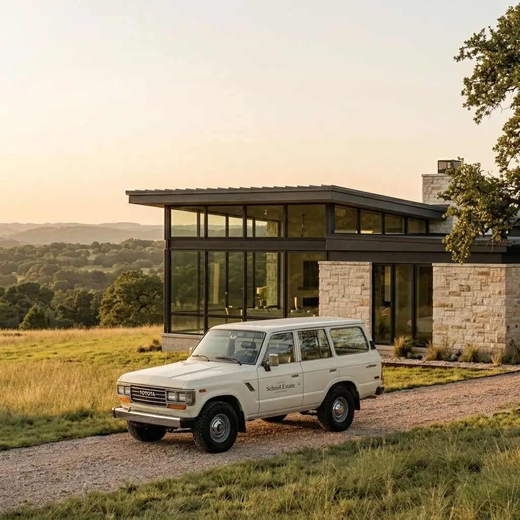 A School Estate branded Land Cruiser parked in front of a modern Texas Hill Country home at golden hour
