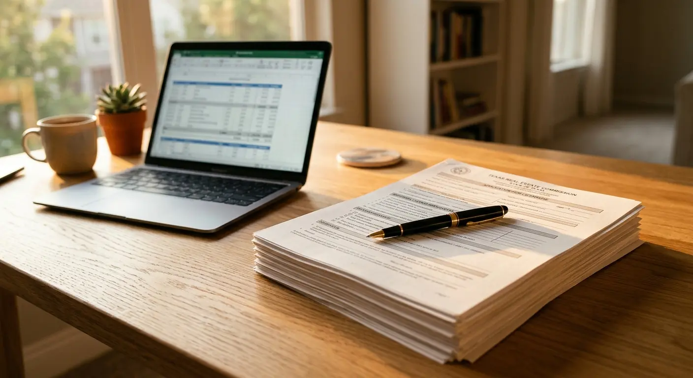 A stack of TREC broker license forms and a pen on a desk beside a laptop showing a transaction log, at golden hour