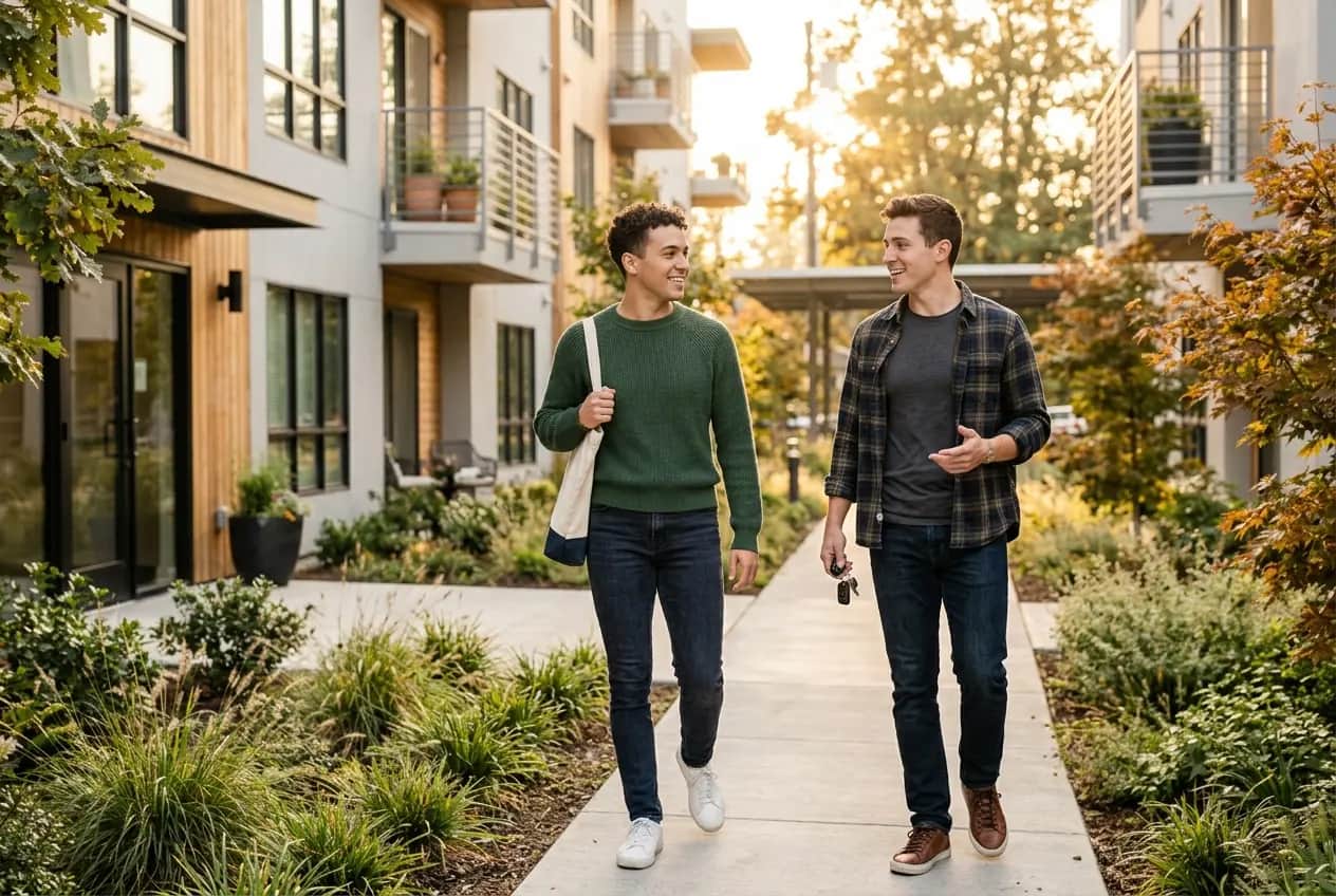 An apartment locator and a renter walking and talking outside a modern apartment community at golden hour, one holding keys