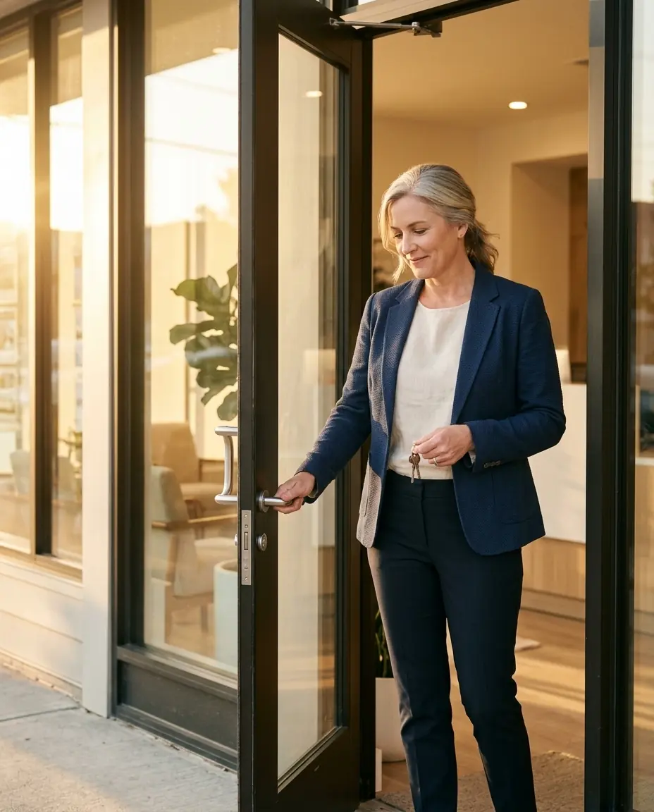 An experienced Texas agent unlocking the door of their own new brokerage office at golden hour