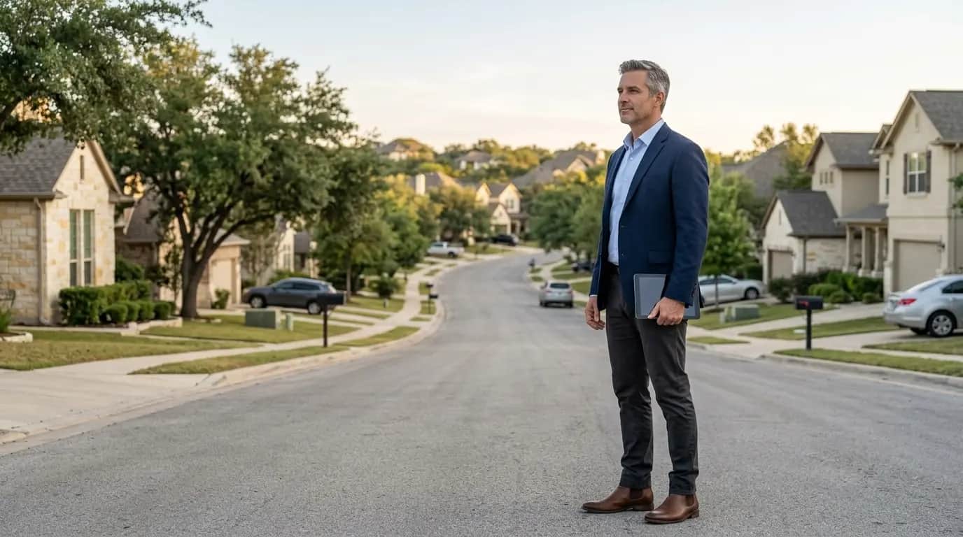 A person in business-casual clothing standing in a Texas residential neighborhood in the early morning