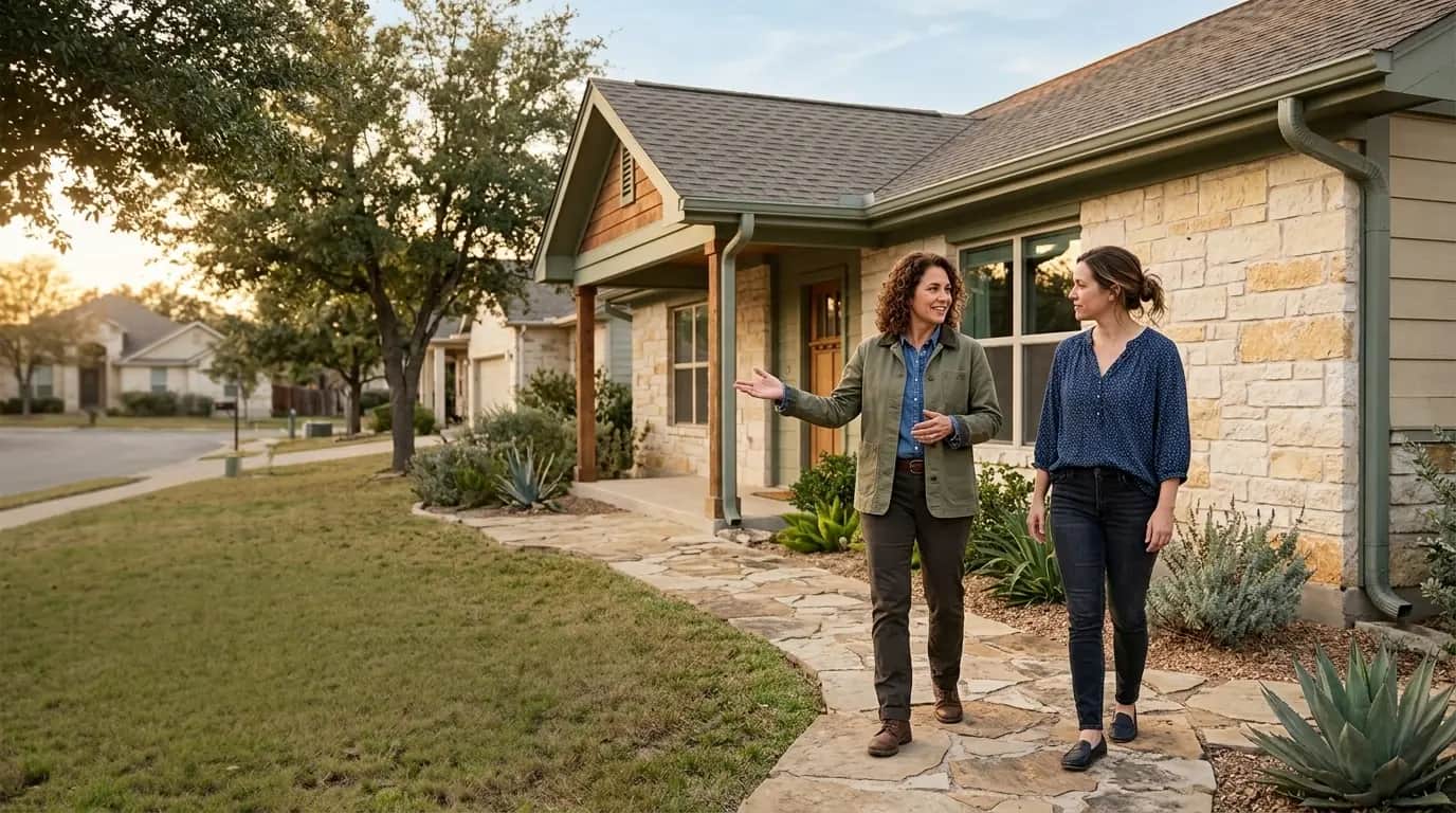 A construction professional walking with a prospective homeowner outside a Texas home, gesturing toward the house