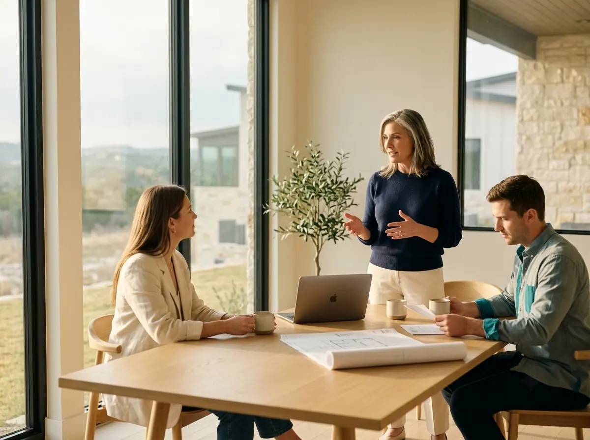 An established Texas broker leading a small team meeting in a bright modern office