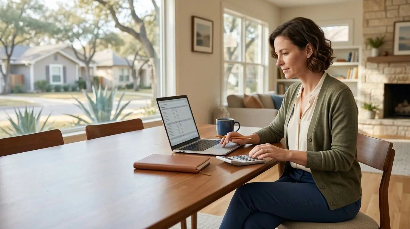 A future Texas real estate student reviewing licensing costs with a calculator, notebook, and laptop at a home dining table, a residential street visible through the window