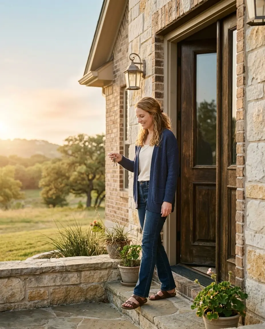 A future Texas real estate agent stepping out onto her front porch, keys in hand at golden hour