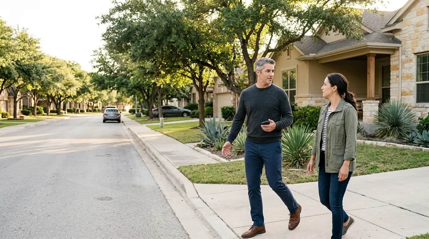Two people in business-casual clothing walking and talking on a quiet Texas residential street