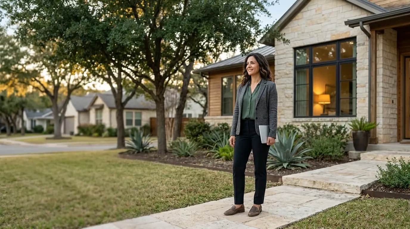 A person in business-casual clothing standing on the front walkway of a Texas home in the early morning, holding a tablet and looking toward the house