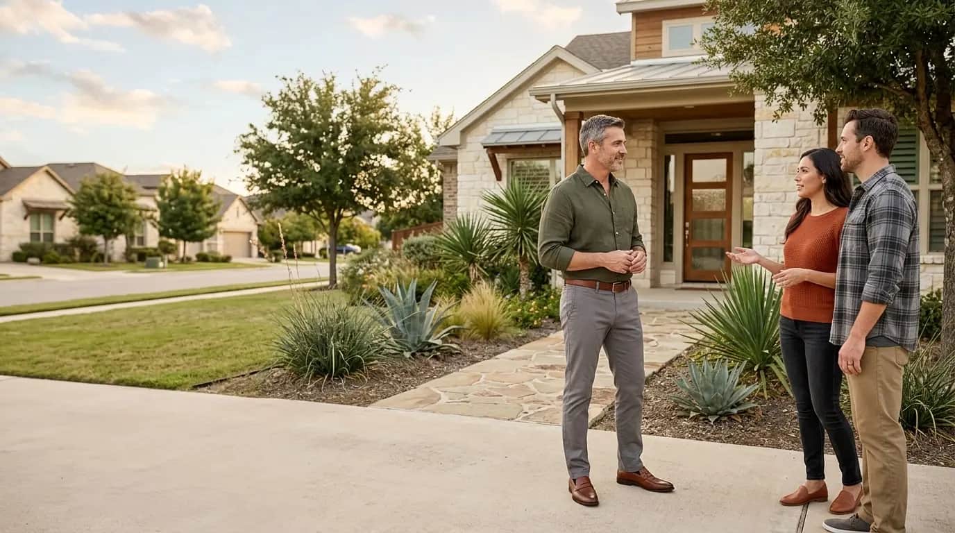 A real estate professional meeting with a couple outside a Texas home in the late afternoon