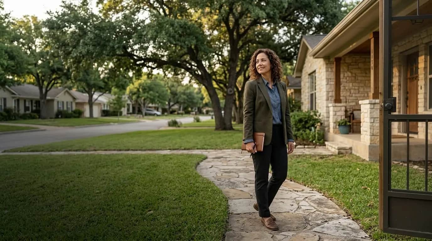 A person in business-casual clothing on the front walkway of a Texas home in the early morning, looking toward the house and neighborhood beyond