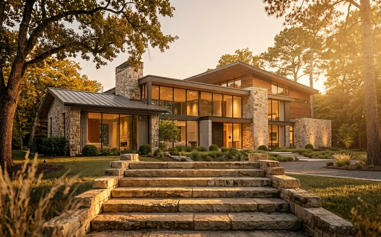 Stone steps leading up to a modern Texas home at golden hour