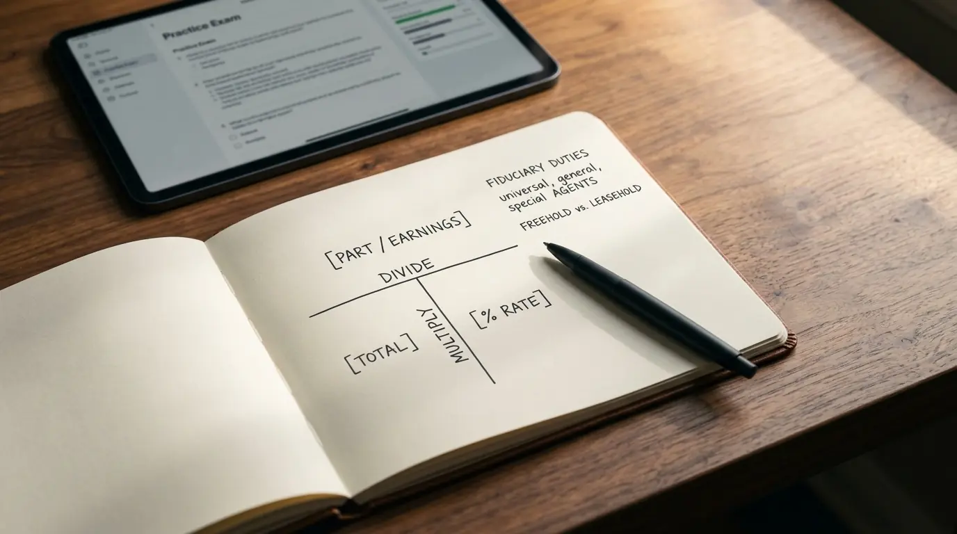 Overhead shot of a moody study desk with a notebook and hand-drawn T-bar diagram
