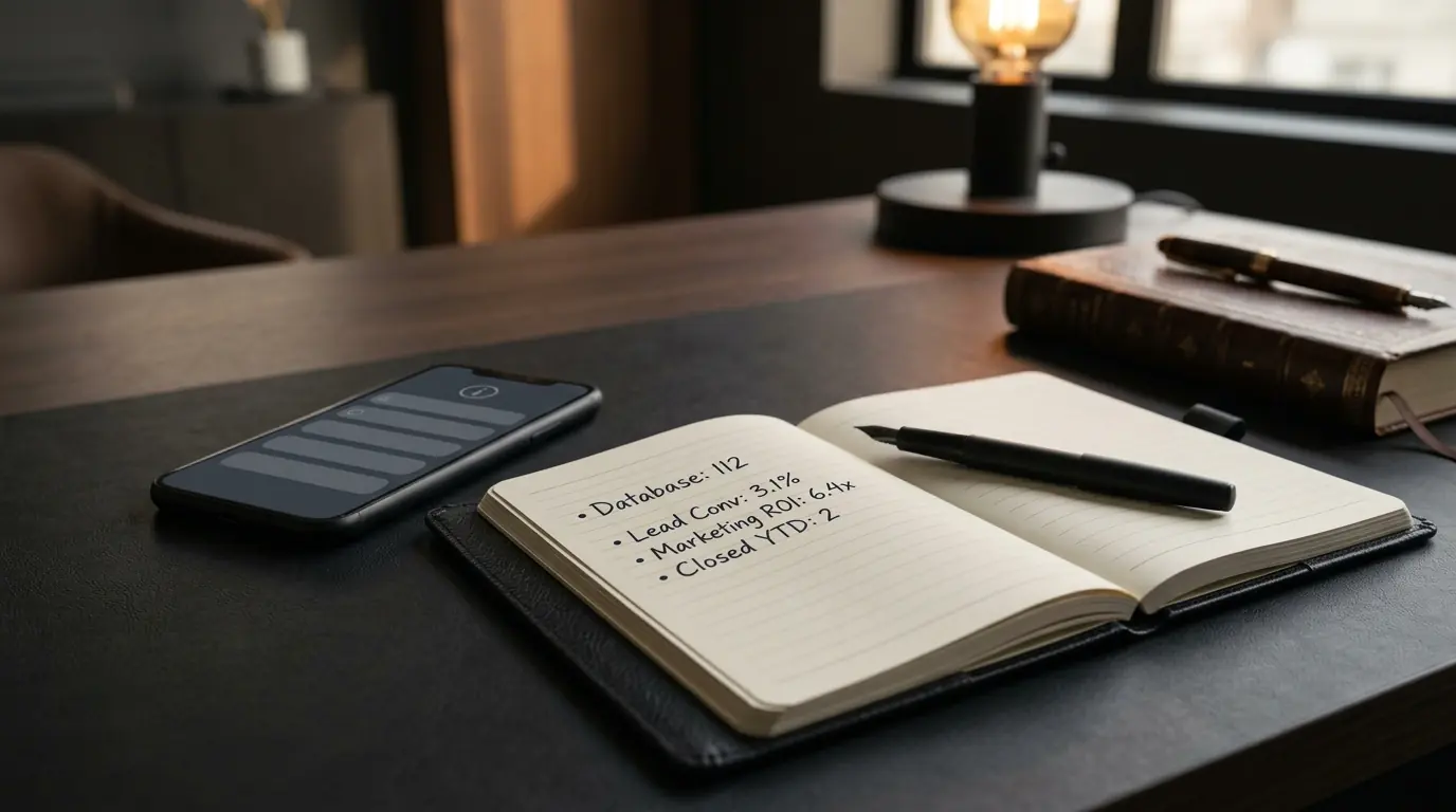 Close-up shot of a leather planner with hand-written business metrics beside a phone