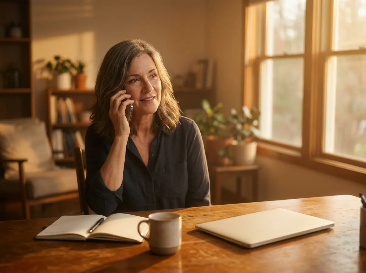 A School Estate mentor instructor on the phone at their desk at golden hour