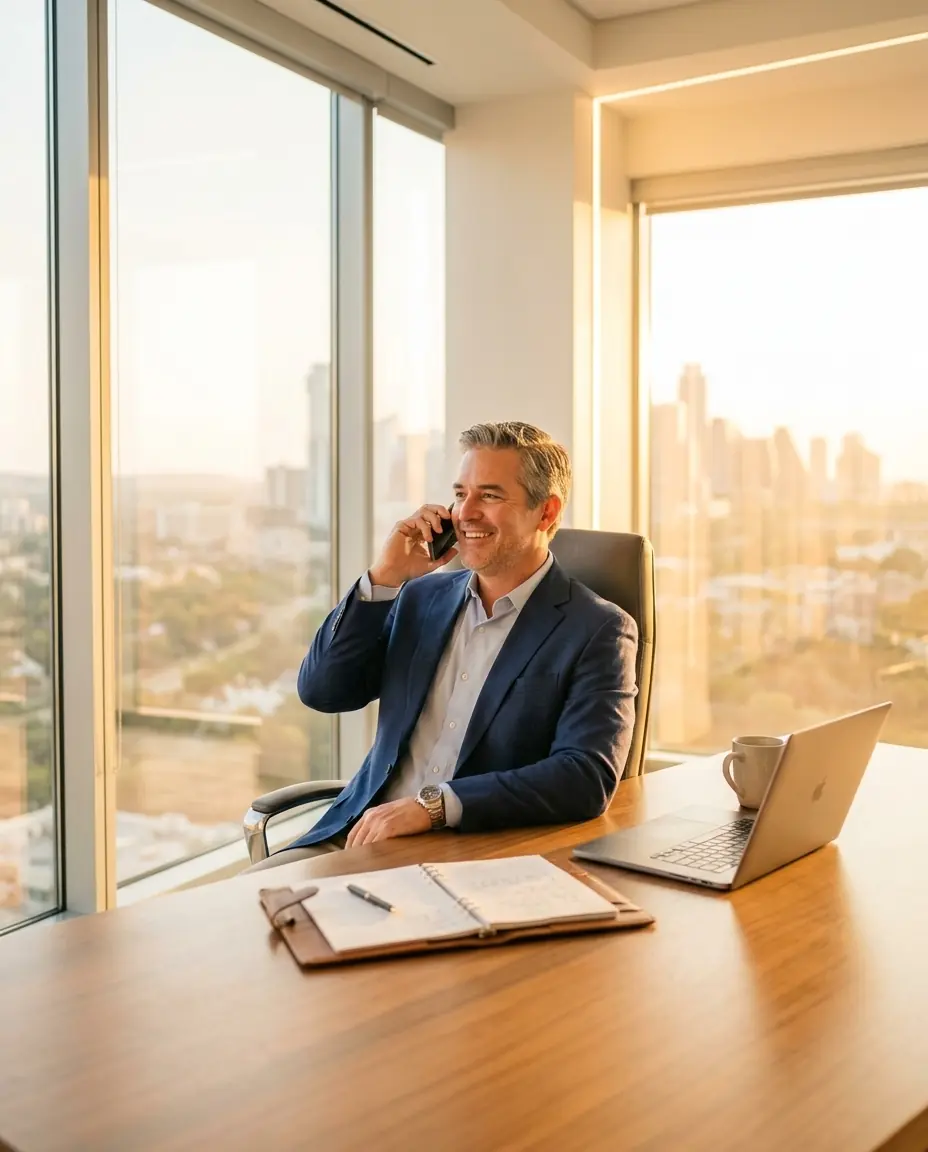 A School Estate mentor instructor, an active Texas broker, on a call at their desk