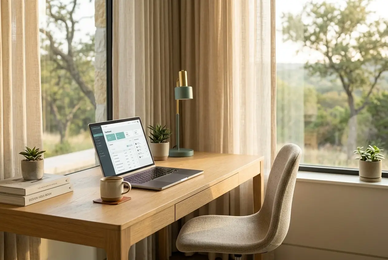 A calm home office desk with a laptop, styled for online coursework