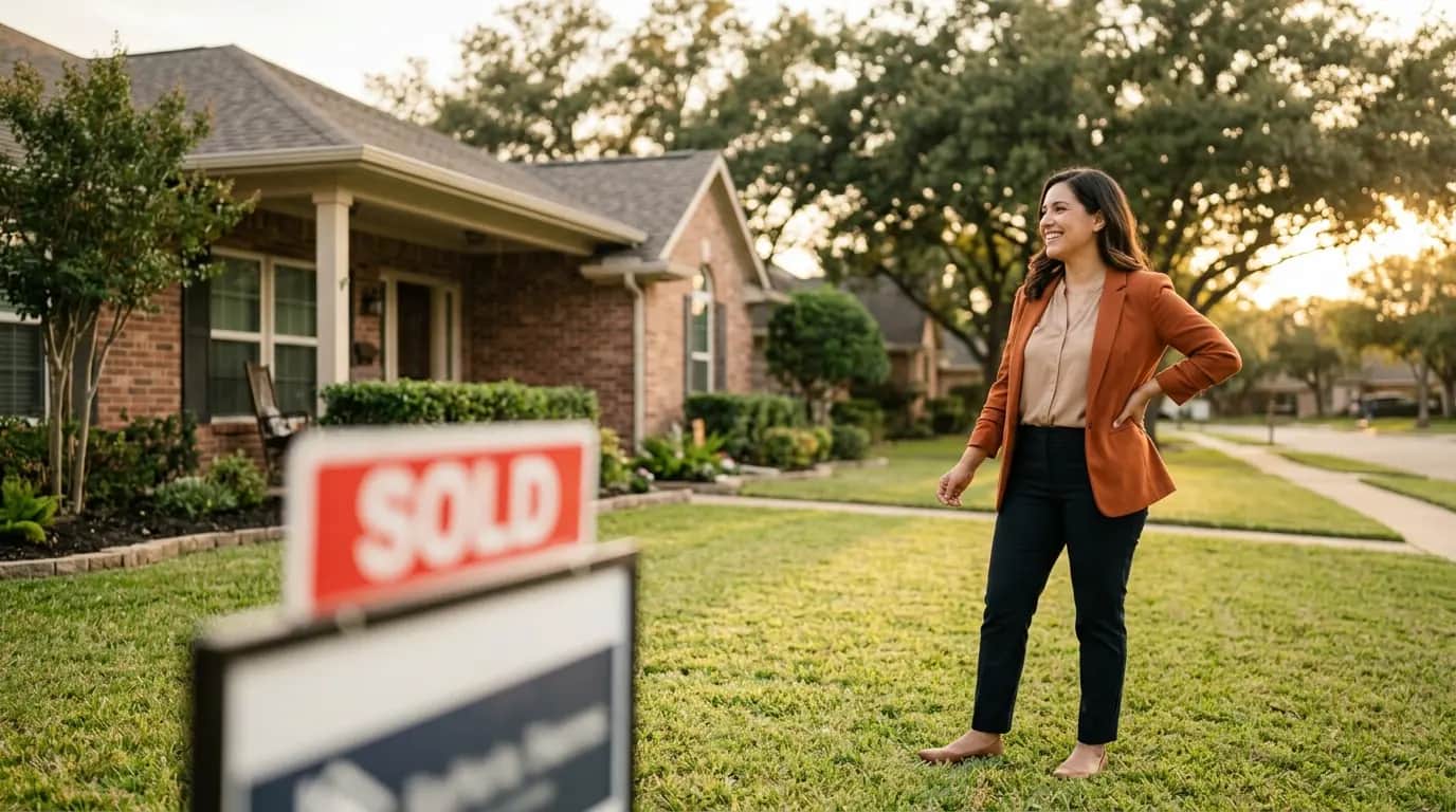 A real estate agent in front of a home with a Sold sign in a Texas neighborhood at golden hour