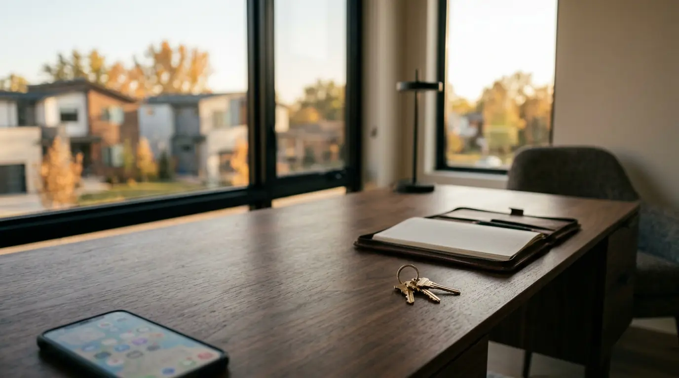 A set of house keys resting on an open leather portfolio on a desk, with a blurred neighborhood visible through a window at golden hour