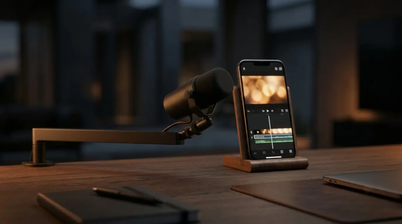 Close-up dusk shot of a matte black microphone on a desk arm beside a phone in a stand