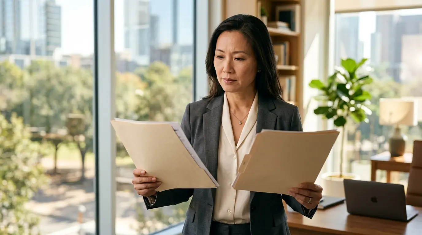 An agent reviewing two client case files side by side in a bright office