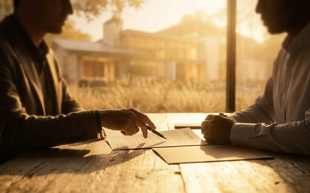 Two people reviewing a contract together at a wooden table in warm golden-hour light