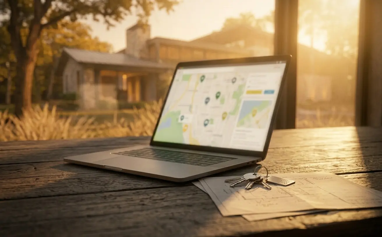 A laptop showing a real estate listings map beside a stack of house keys on a property blueprint