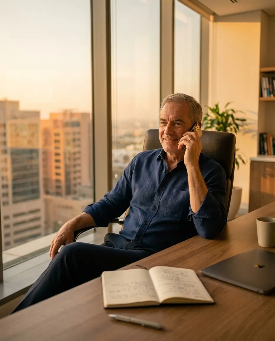 A School Estate mentor instructor on the phone at their desk at golden hour