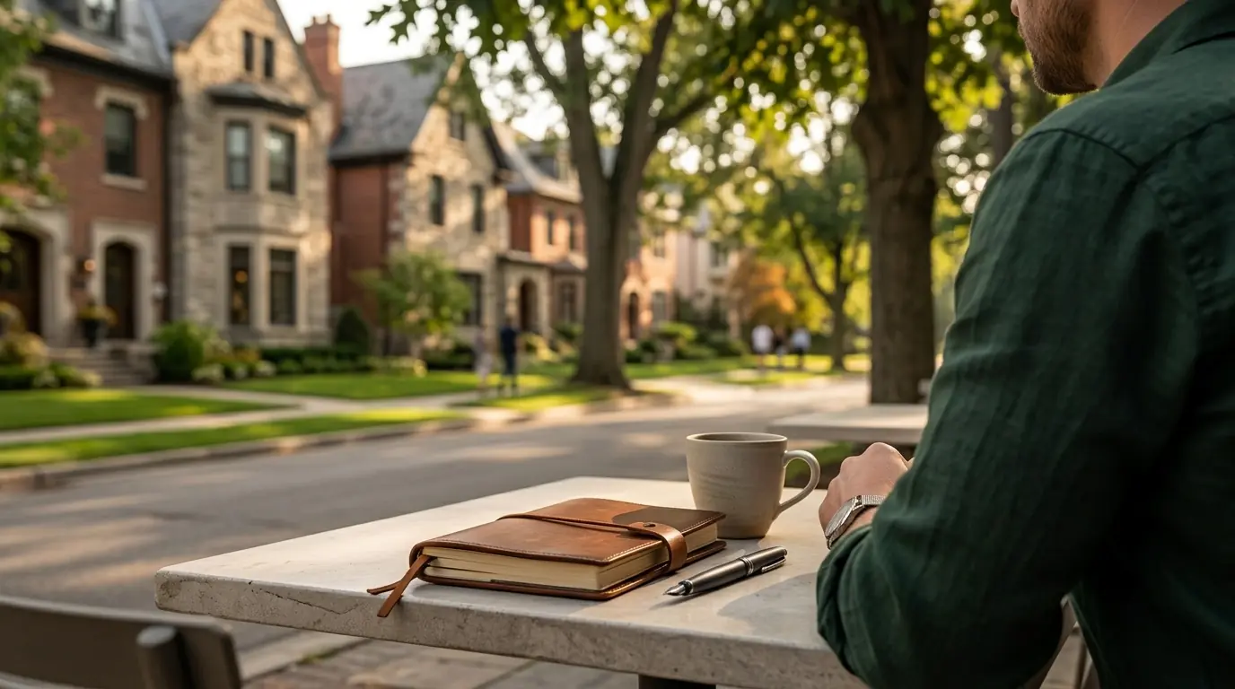 Over-the-shoulder shot at an outdoor cafe table with a leather travel journal