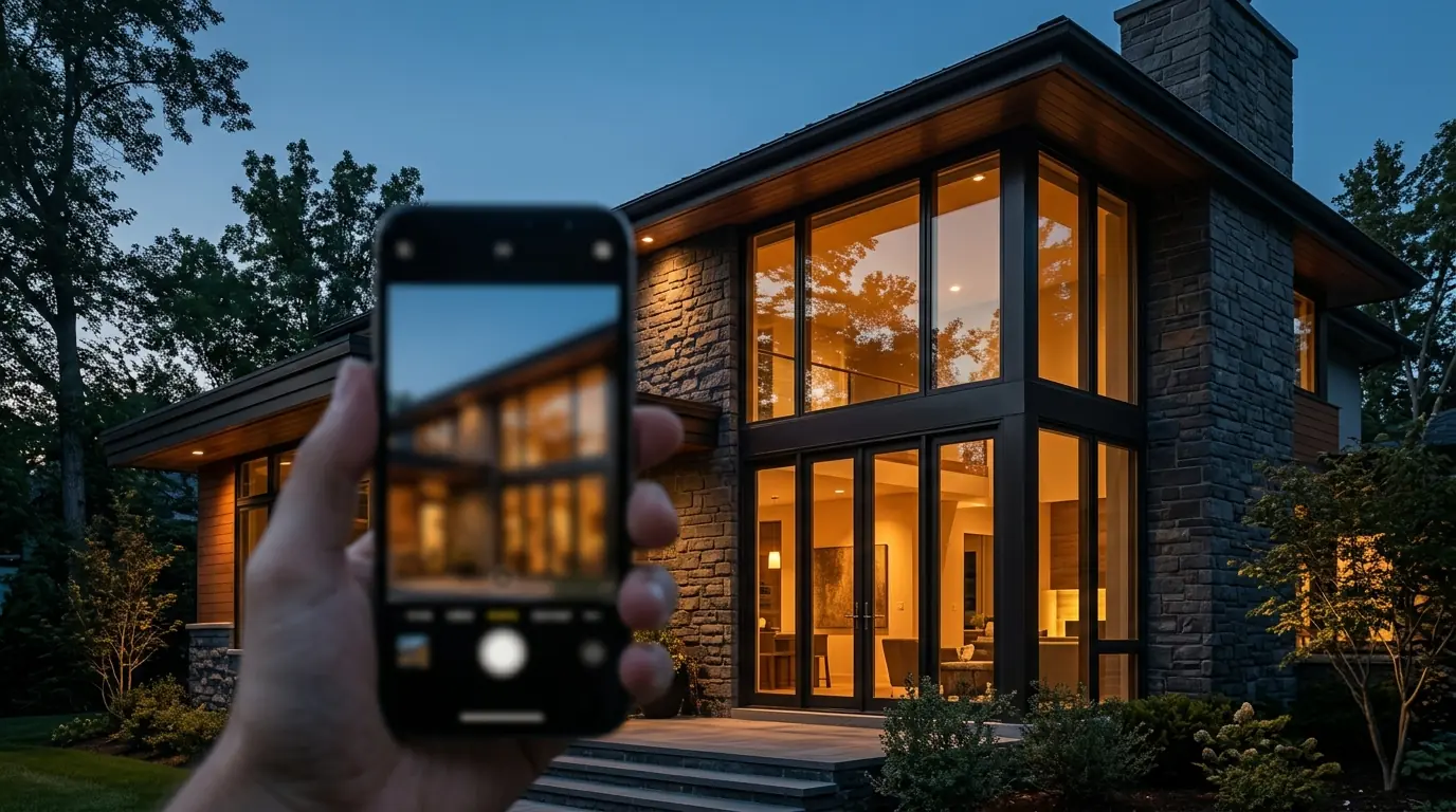 Low-angle dusk shot of a modern stone-and-glass home exterior