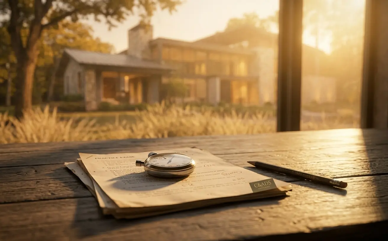 A stopwatch resting on a stack of practice exam papers on a wooden desk at golden hour