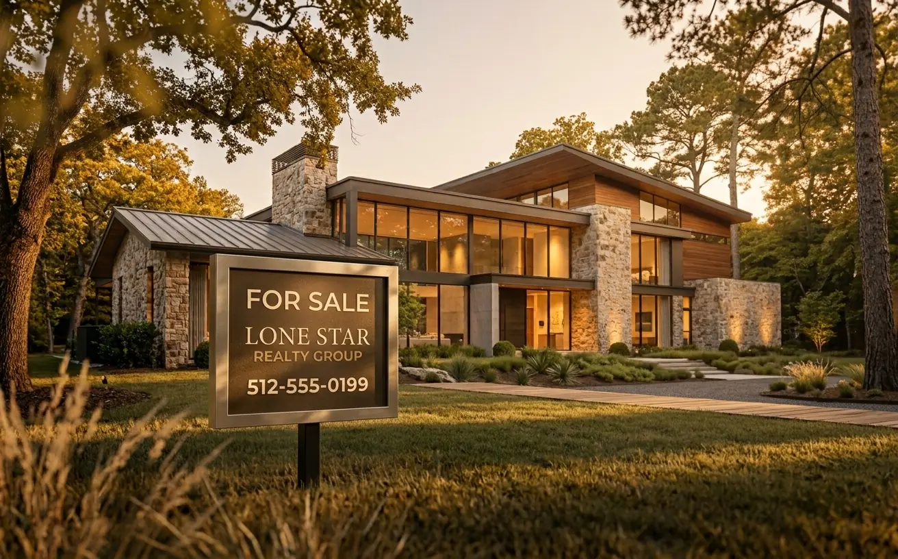 A For Sale sign reading Lone Star Realty Group in front of a modern Texas home at golden hour