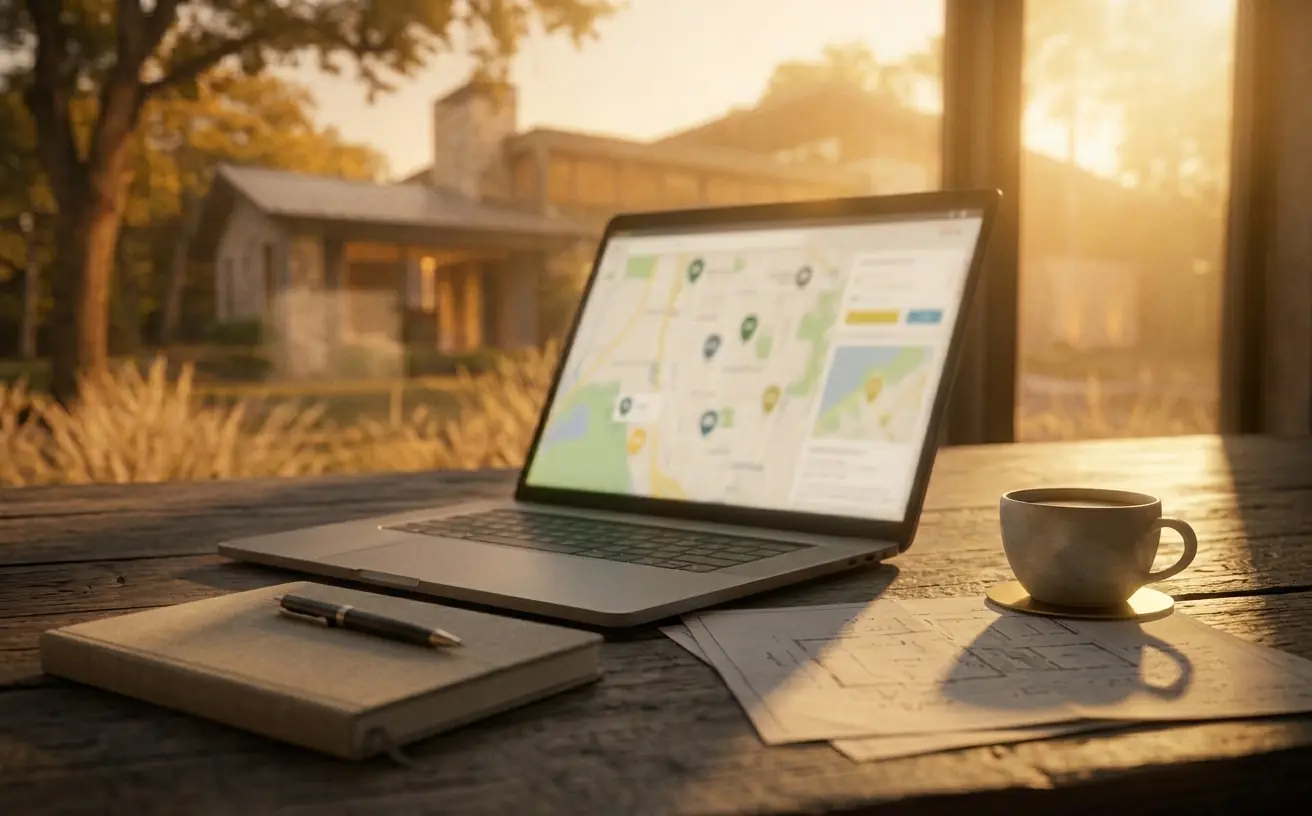 A laptop and coffee set up on a porch table overlooking a yard at golden hour