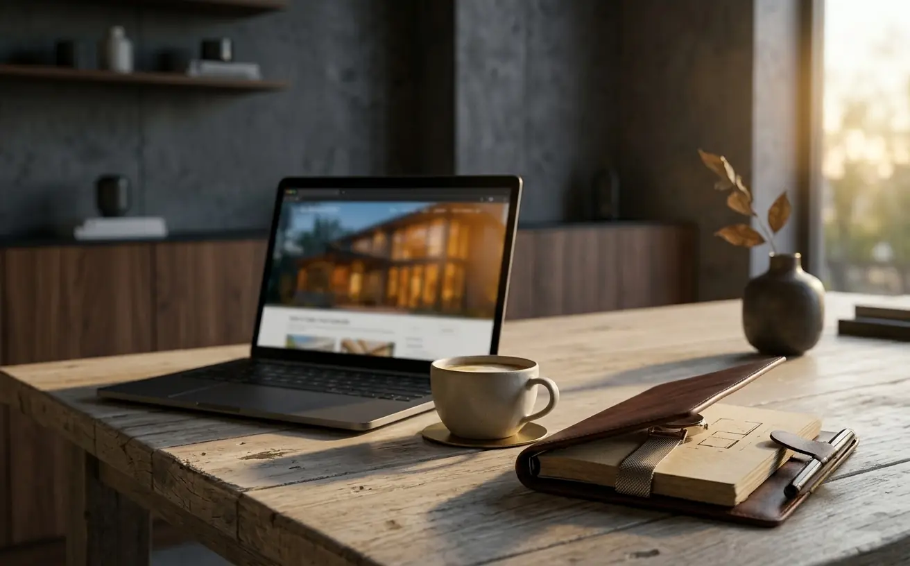 A laptop, coffee, and leather planner on a wooden desk in warm evening light, with a home listing shown on screen