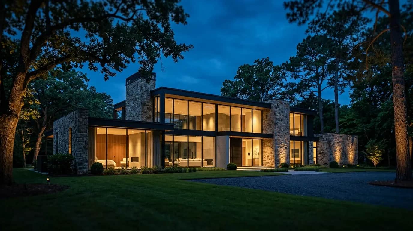 Twilight shot of a modern stone-and-glass home glowing with warm interior light