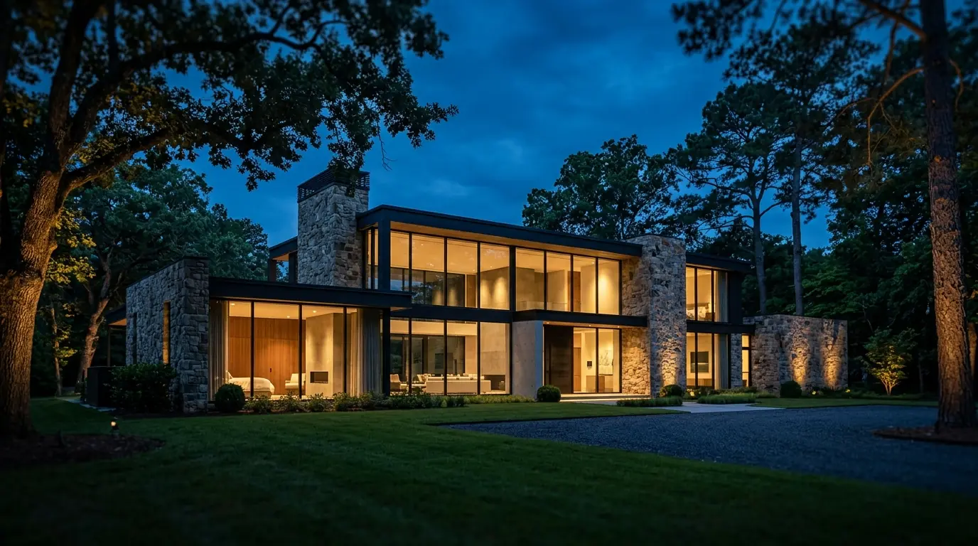 Twilight shot of a modern stone-and-glass home glowing with warm interior light