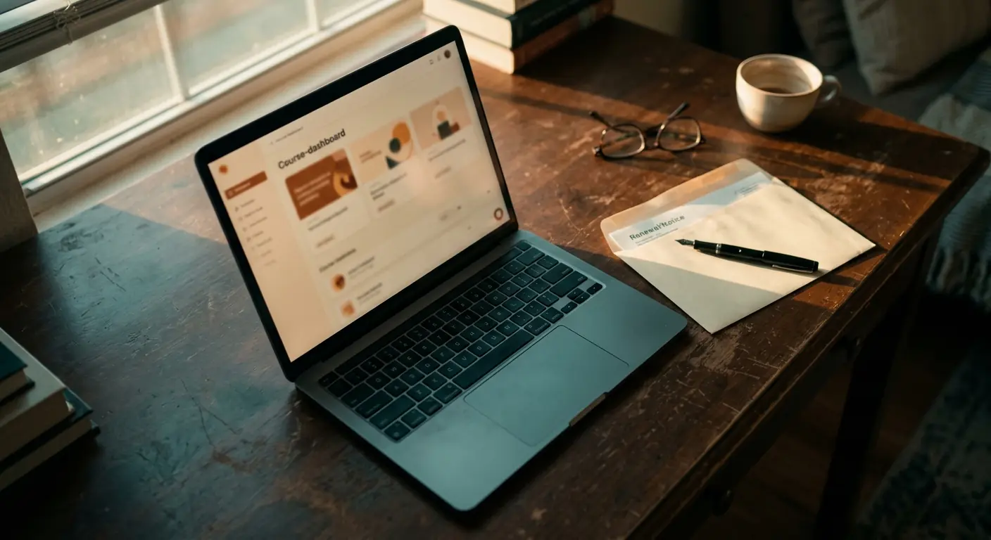 A renewal notice and pen resting beside a laptop showing a course dashboard, on a wooden desk at golden hour