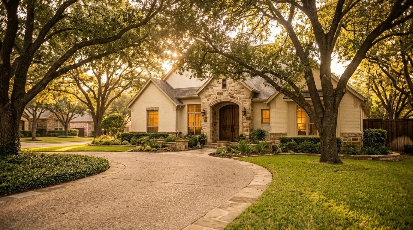 Golden-hour light through mature oak trees over an elegant stone-and-brick home in a Fort Worth neighborhood