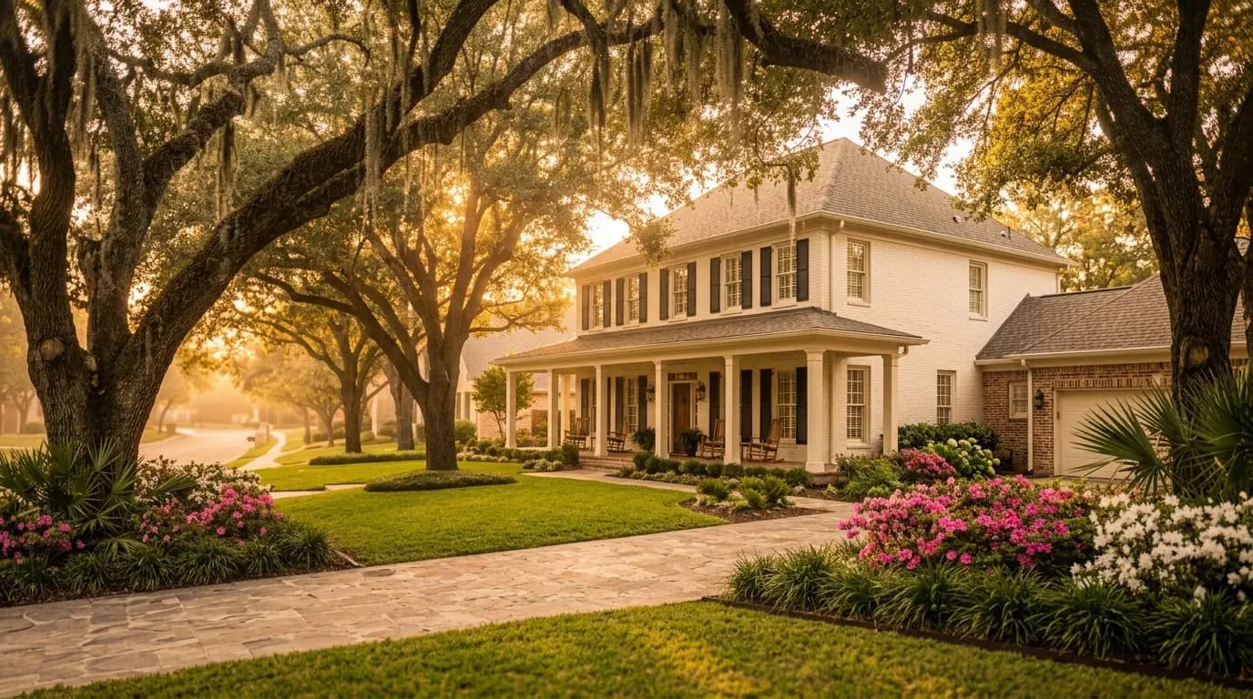 Warm morning light through moss-draped oak trees in a lush Houston-area neighborhood