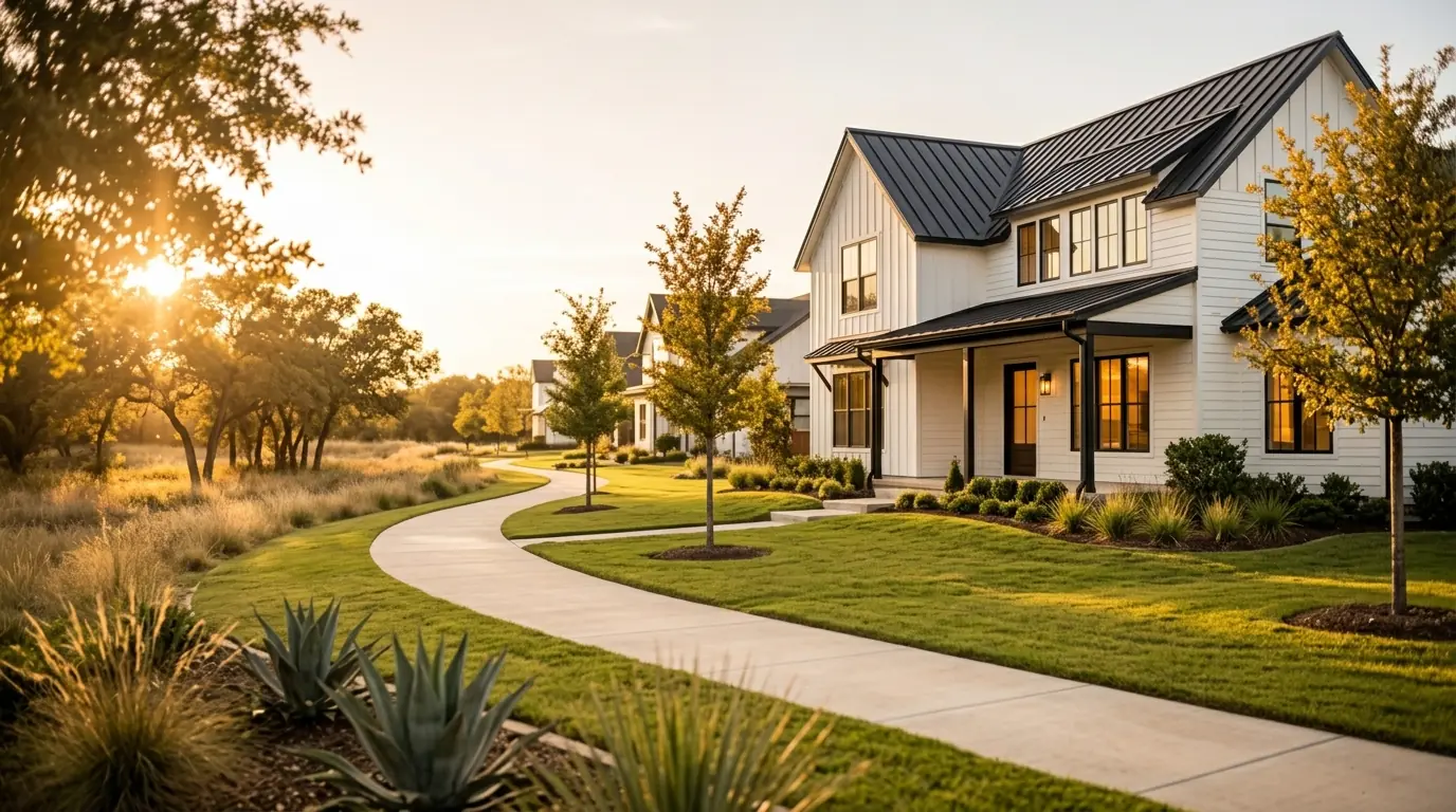Golden-hour light on a crisp white modern farmhouse beside a walking trail in a Plano-area neighborhood