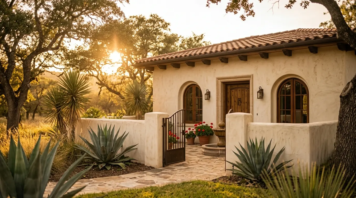 Warm golden-hour light on a Spanish colonial-style home near San Antonio
