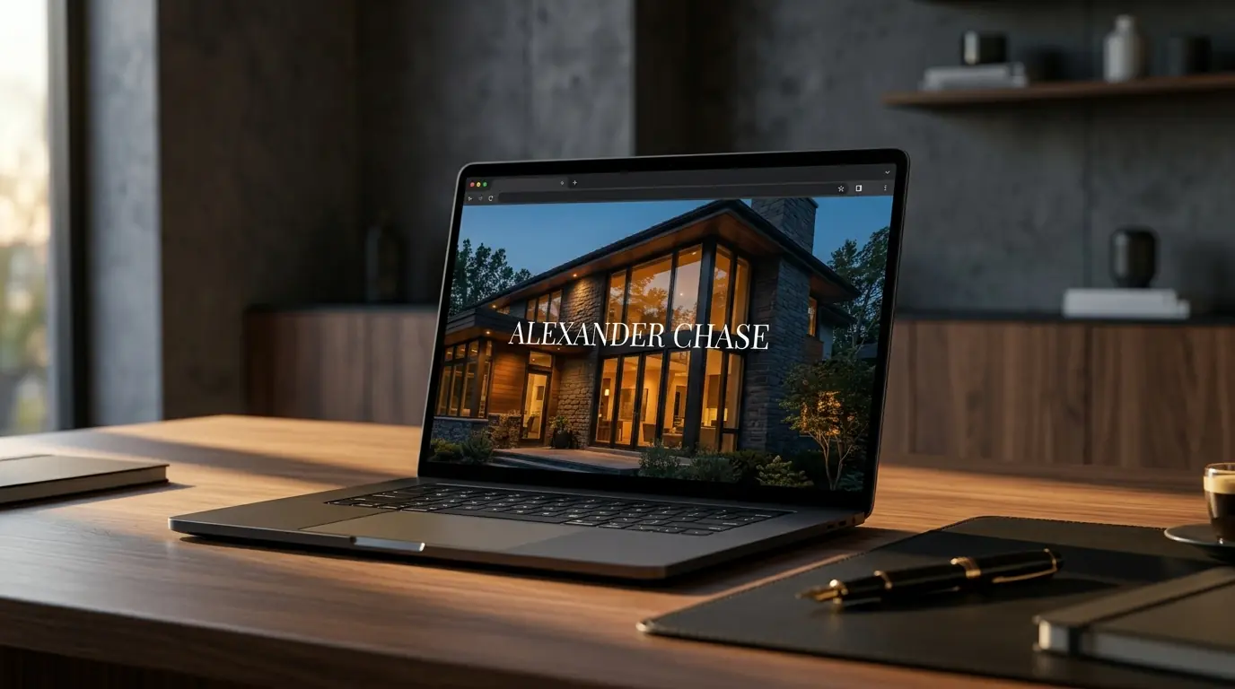 Editorial angle shot of a laptop on a walnut desk showing a minimal homepage